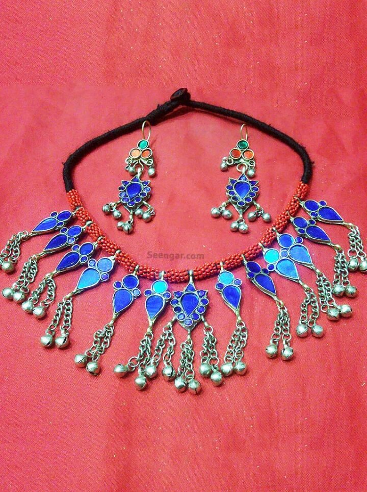 Moroccan Blue Thread Necklace & Hanging Earrings Set