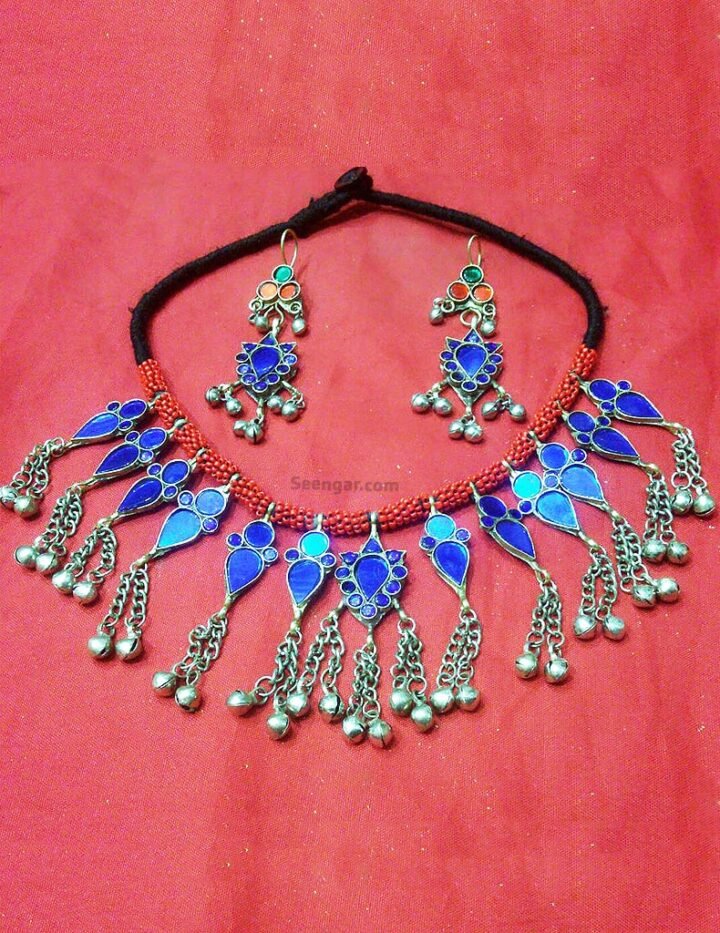 Moroccan Blue Thread Necklace & Hanging Earrings Set